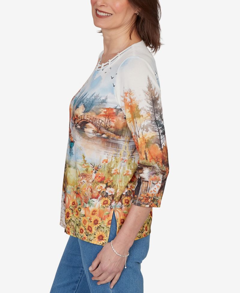 Petite Autumn Lake Scenic Print Top