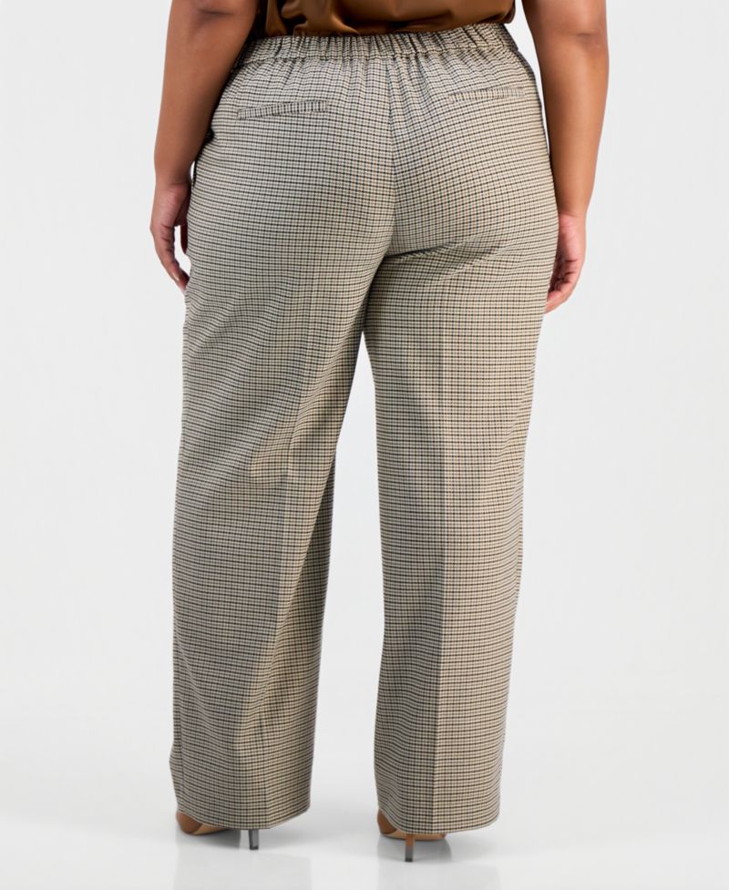 Plus Size Pull-On Wide-Leg Mini Houndstooth Trousers