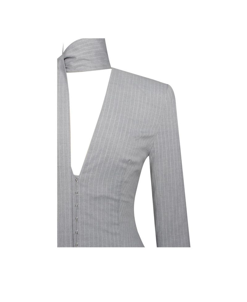 Women's Tahlia Deep V Pinstripes Gray Blazer Dress with scarf collar