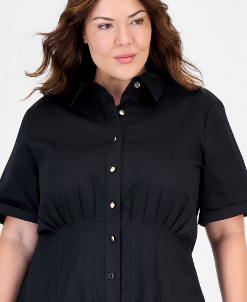 Plus Size Fit & Flare Pleated Waist Midi Shirt Dress