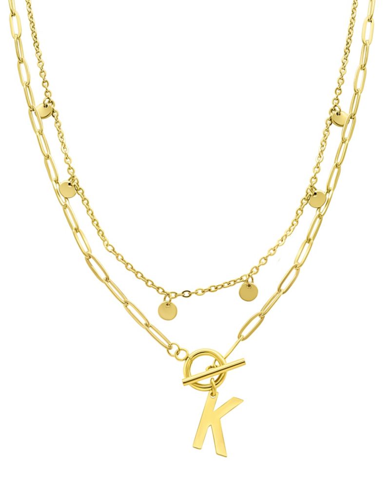 Tarnish Resistant 14K Gold-Plated Confetti and Paperclip Layered Initial Toggle Necklace