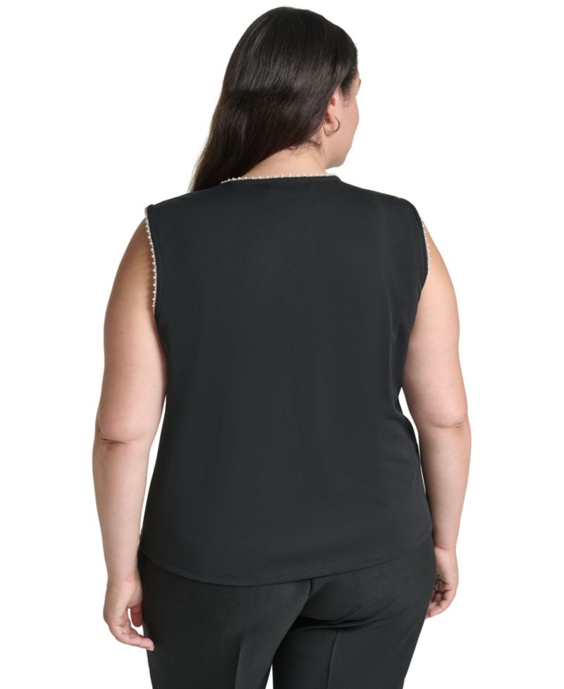 Plus Size V-Neck Sleeveless Imitation Pearl Bow Blouse