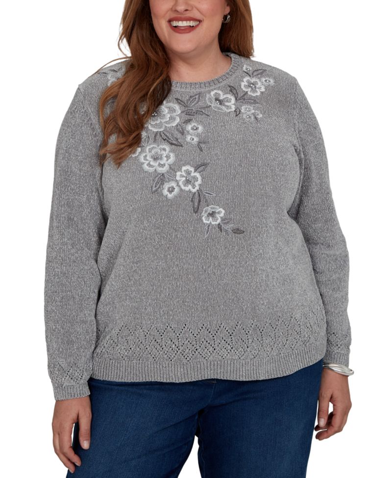 Plus Size Embroidered Floral Textured Chenille Sweater