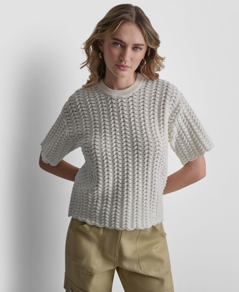 Women's Short-Sleeve Open Lattice Stitch Sweater