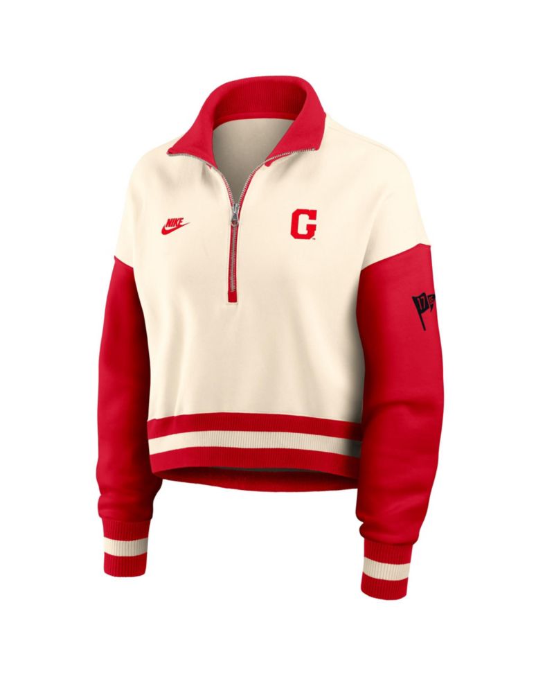 Women's Natural/Red Georgia Bulldogs Oversized Legacy Color Block Cropped Quarter-Zip Pullover Sweatshirt