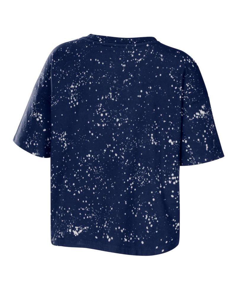 Women's Navy West Virginia Mountaineers Bleach Wash Splatter Cropped Notch Neck T-shirt