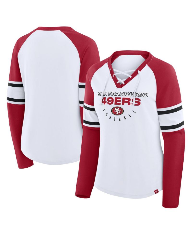 Women's White/Scarlet San Francisco 49ers Redzone Blitz Package Raglan Lace-Up V-Neck Long Sleeve T-Shirt