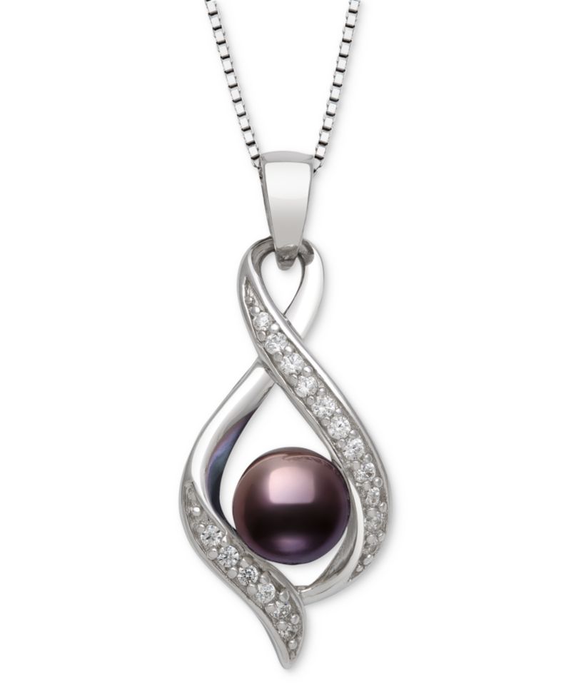 Dyed Black Peacock Cultured Freshwater Pearl & Lab Created White Sapphire Pendant 18" Necklace in Sterling Silver (Also in Blush Pink)