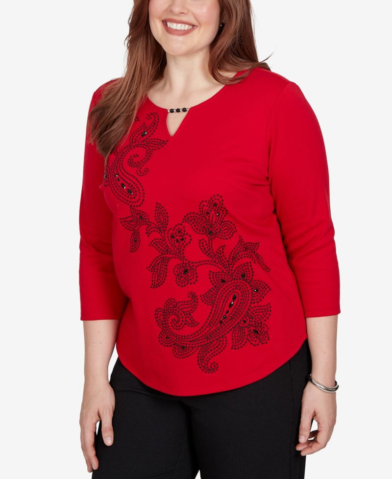 Petite Keyhole Neck Paisley 3/4-Sleeve Top