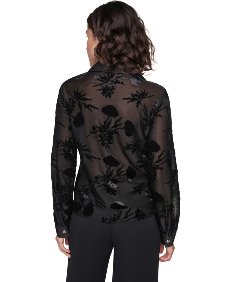 Women's Long-Sleeve Collared Burnout-Floral Blouse