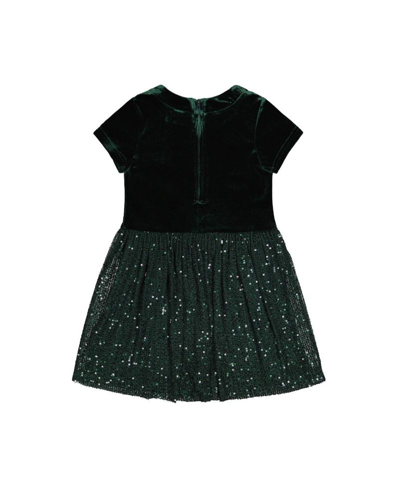 Girls (6-14) Bi-Material Short Sleeve Dress with Glittering Skirt