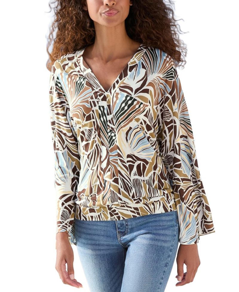 Women's Printed V-Neck Long Dolman-Sleeve Top