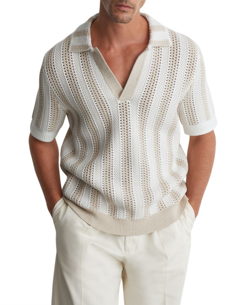 Men's Globe Slim-Fit Crochet-Knit Stripe Cotton-Blend Polo Shirt