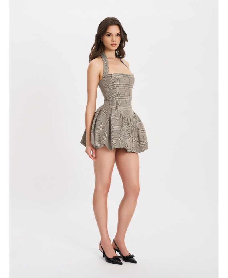 Women's Dacia Plaid Halter Lace-up Bubble Mini Dress