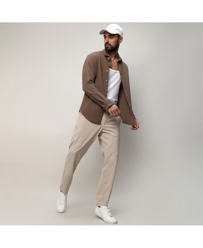 Men's Tan Brown Stripe-Creased Shirt