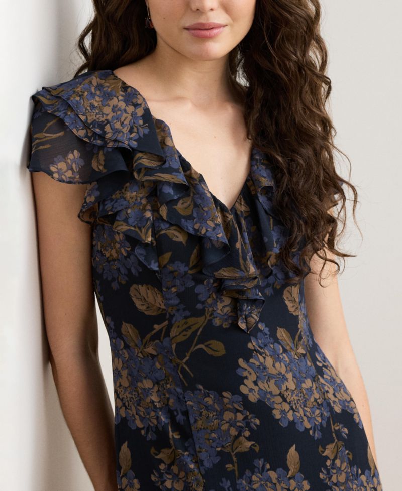 Women's Floral Ruffle-Trim Georgette Gown