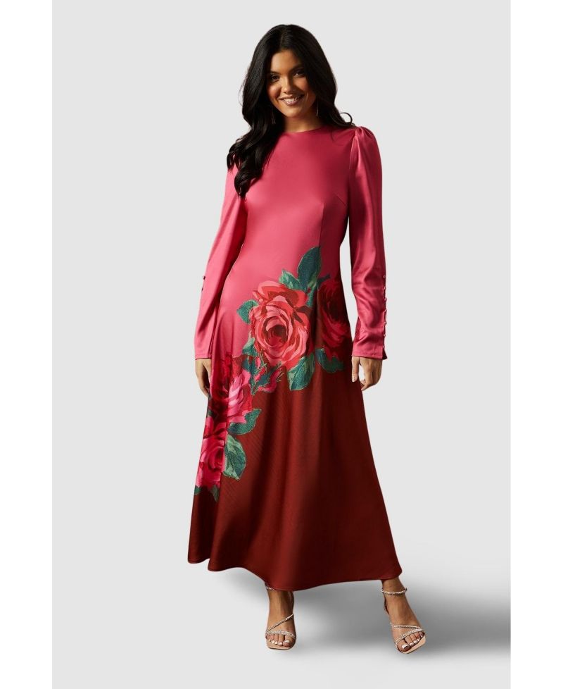 Women's Premium Satin Placement Print Maxi Dress