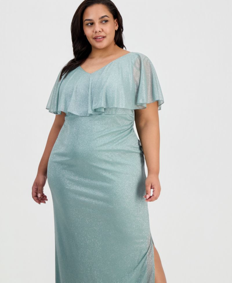 Plus Size Cape-Overlay V-Neck Glitter Dress