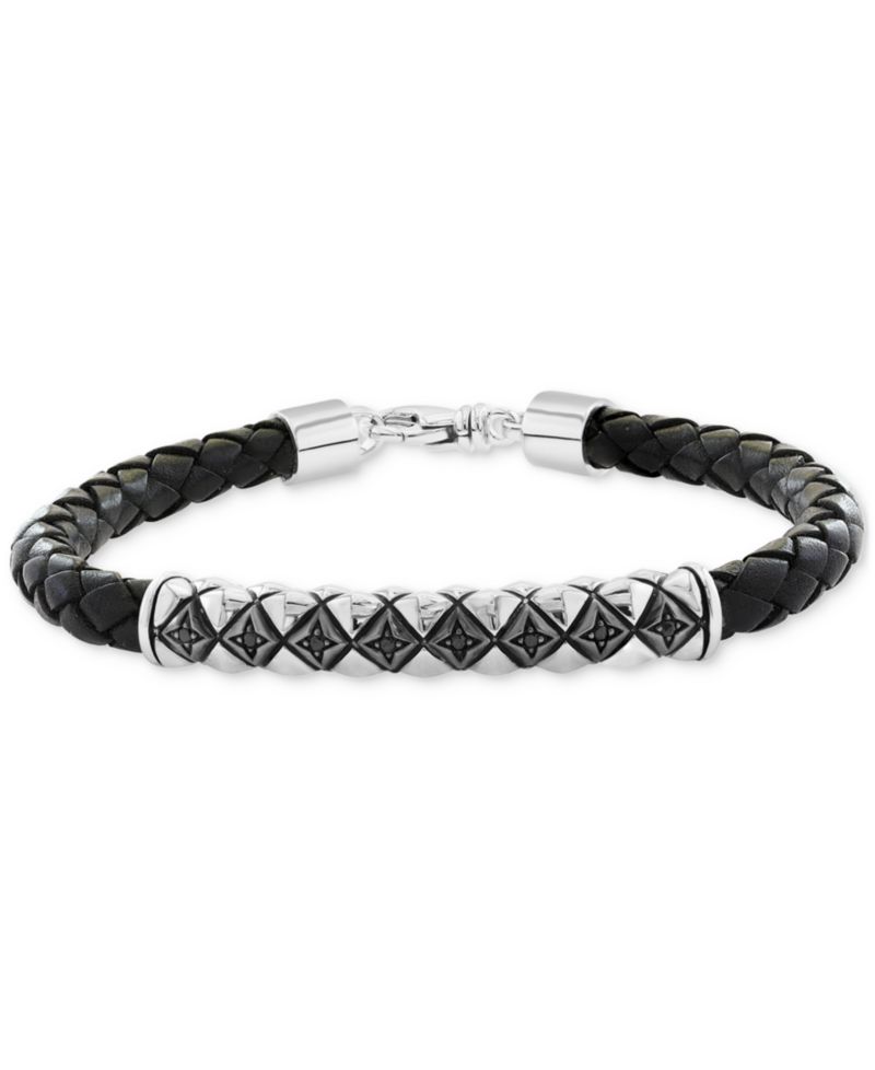 EFFY® Men's Black Spinel Woven Black Leather Bracelet (1/6 ct. t.w.) in Sterling Silver