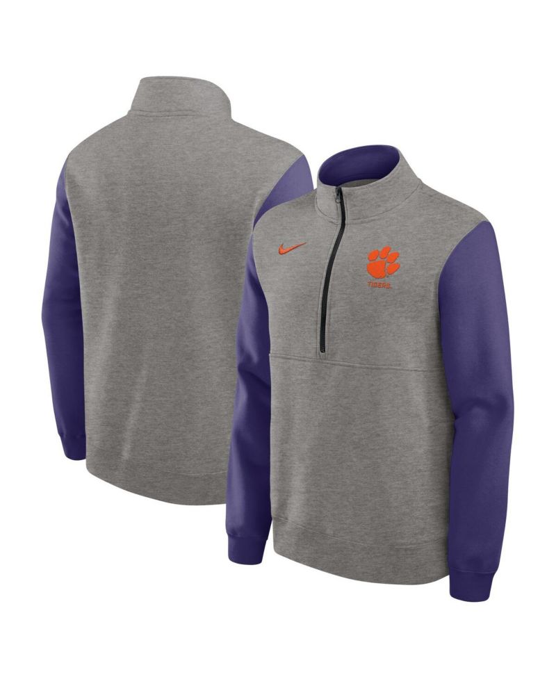 Men's Heather Gray/Purple Clemson Tigers Club Fleece Half-Zip Pullover Sweatshirt