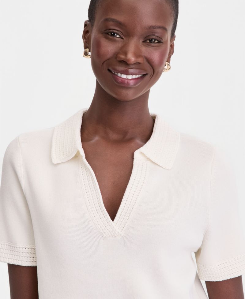 Women's Short-Sleeve Crochet Collar Polo Sweater