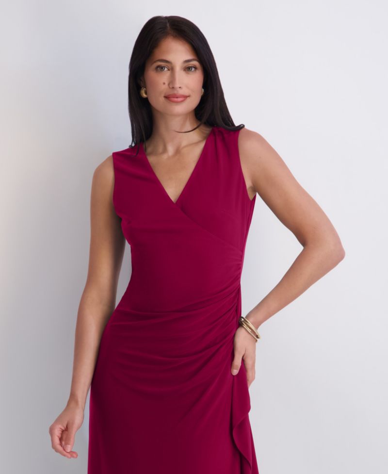 Women's V-Neck Ruched Asymmetrical Midi Dress