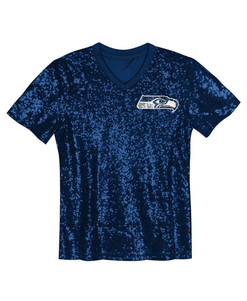 Big Girls College Navy Seattle Seahawks Wordmark Sequin V-Neck T-Shirt