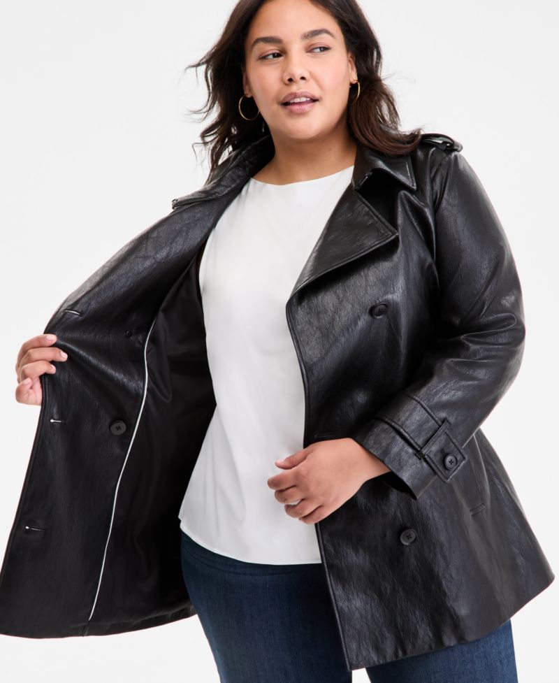 Plus Size Double-Breasted Faux-Leather Belted Trench Coat
