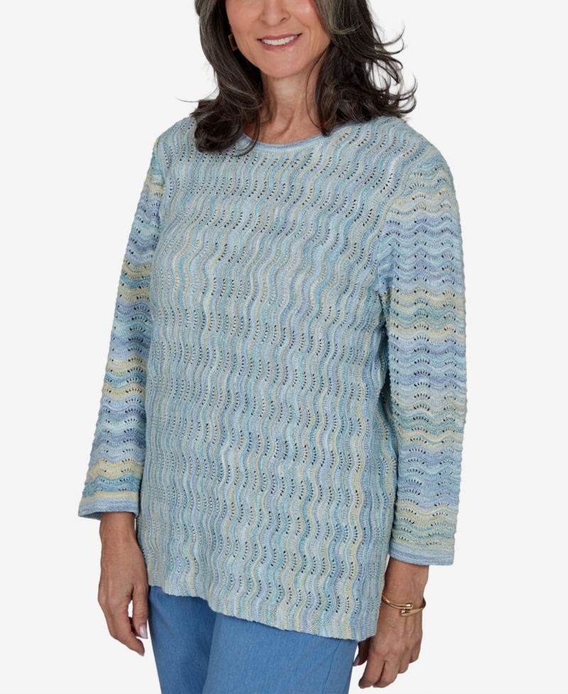 Petite Provence Scalloped-Striped Textured Crewneck Sweater