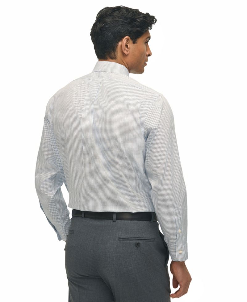 Men's Regular Fit Non-Iron Polo Button-Down Collar Blue Check Pinpoint Dress Shirt