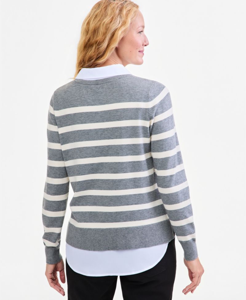 Petite Two-Fer Striped V-Neck Sweater