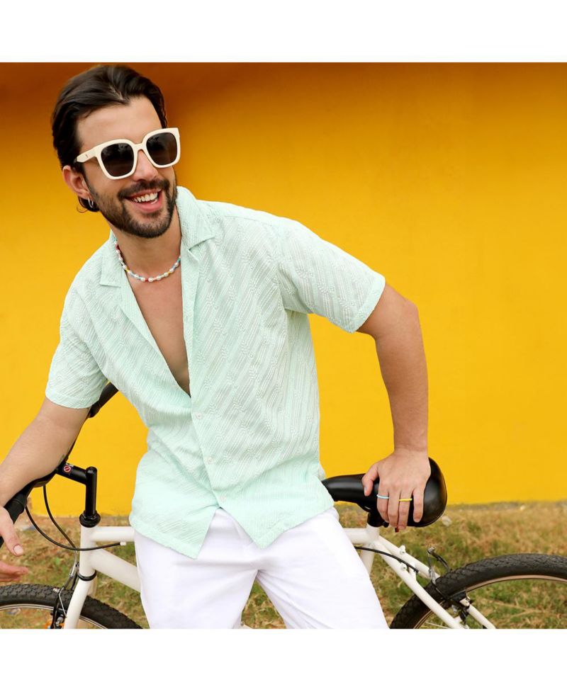 Men's Mint Green Embroidered Striped Shirt