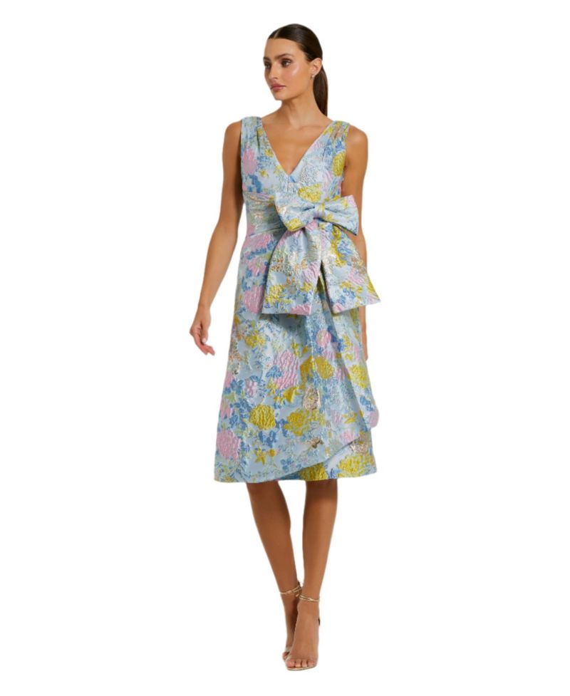 Women's Floral Brocade Sleeveless Midi Dress With Bow