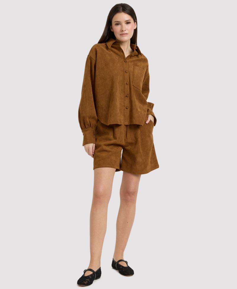 Women's Yumi Suede Mid-Rise Pleated Shorts, 6-1/4" Inseam
