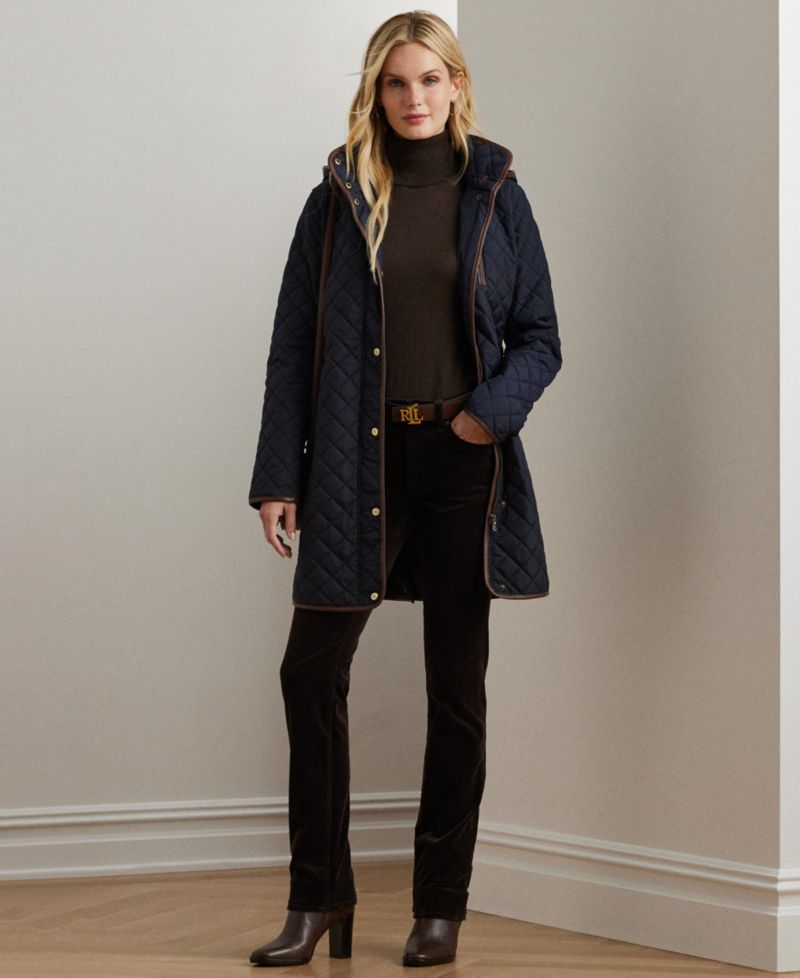 Petite Hooded Quilted Faux-Suede-Trim Coat