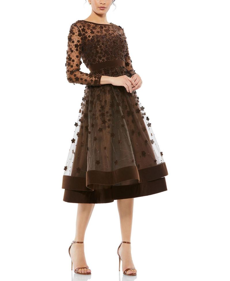 Women's Embellished Illusion High Neck Long Sleeve Fit and Flare