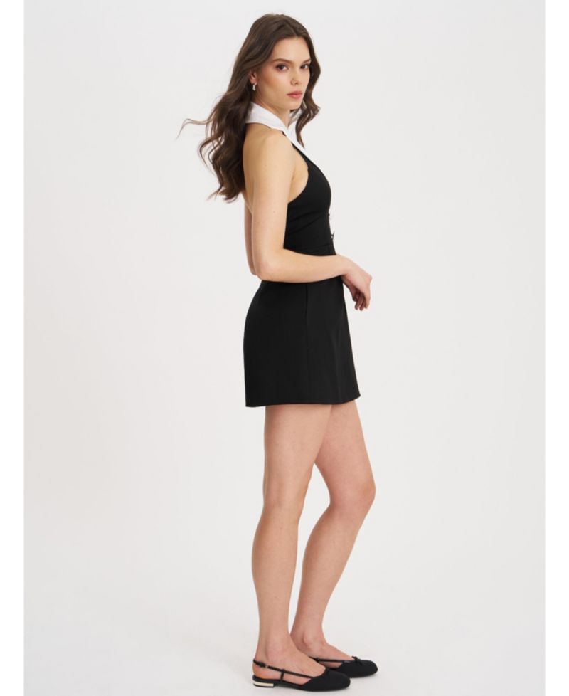 Women Ignacia Office Casual Black and White Halter Mini A-line Dress