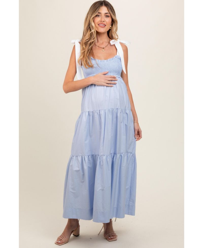 Women's Light Blue Contrast Shoulder Straps Maxi Dress