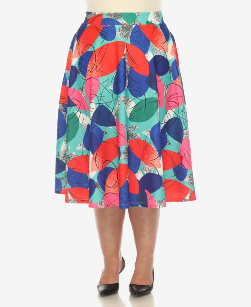 Plus Size Leaf Print Vintage Flared Midi Skirt