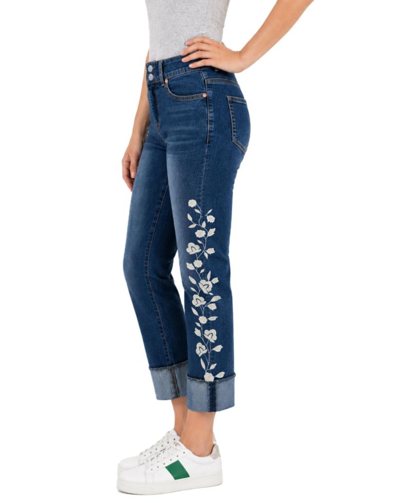 Women's Two Button Tummy Control Embroidered Wide Cuff Crop