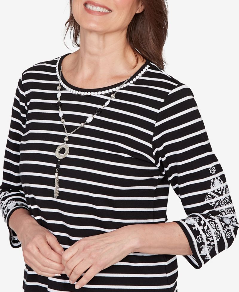 Women's Classic Pinstripe Embroidered Sleeve Top with Necklace