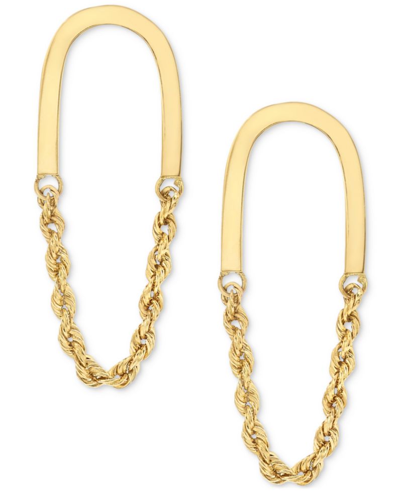 Polished U-Shaped Bar Rope Chain Link Drop Earrings in 10k Gold