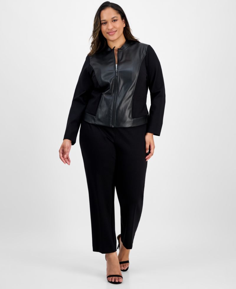 AK Anne Klein Plus Size Mixed-Media Zip-Front Jacket