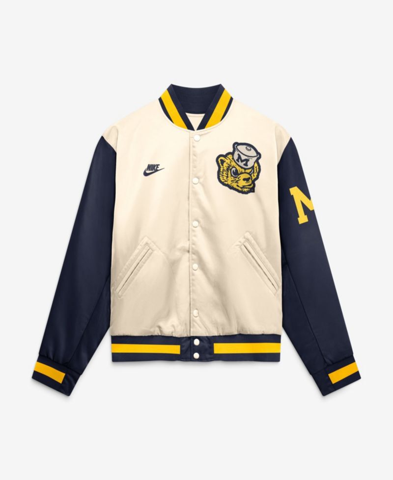 Men's Natural/Navy Michigan Wolverines Legacy Full-Snap Bomber Jacket