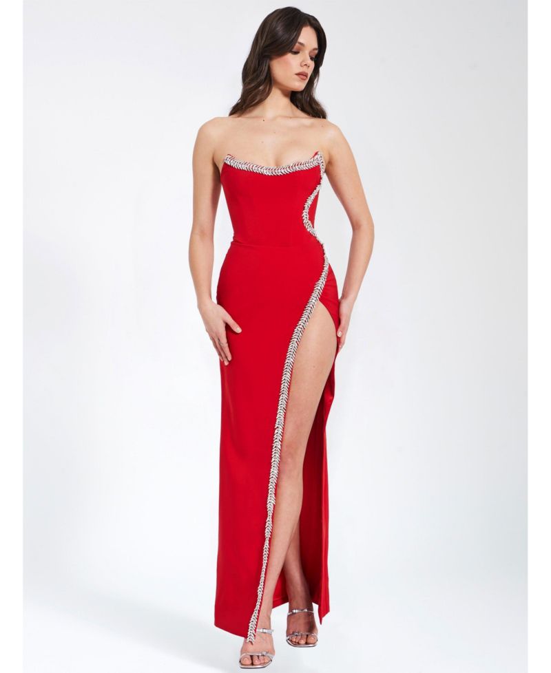 Women's Xoana Red Crystal Embellished High Slit Gown