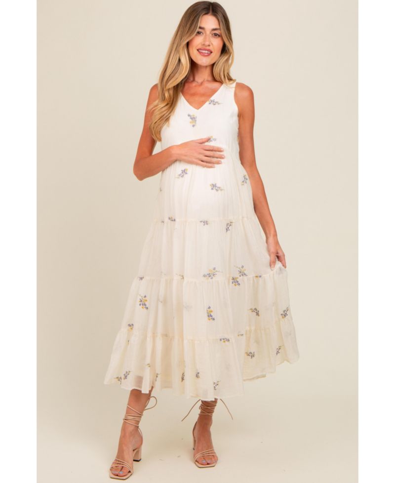 Women's Lavender Ditsy Floral Embroidered V Neck Tiered Dress