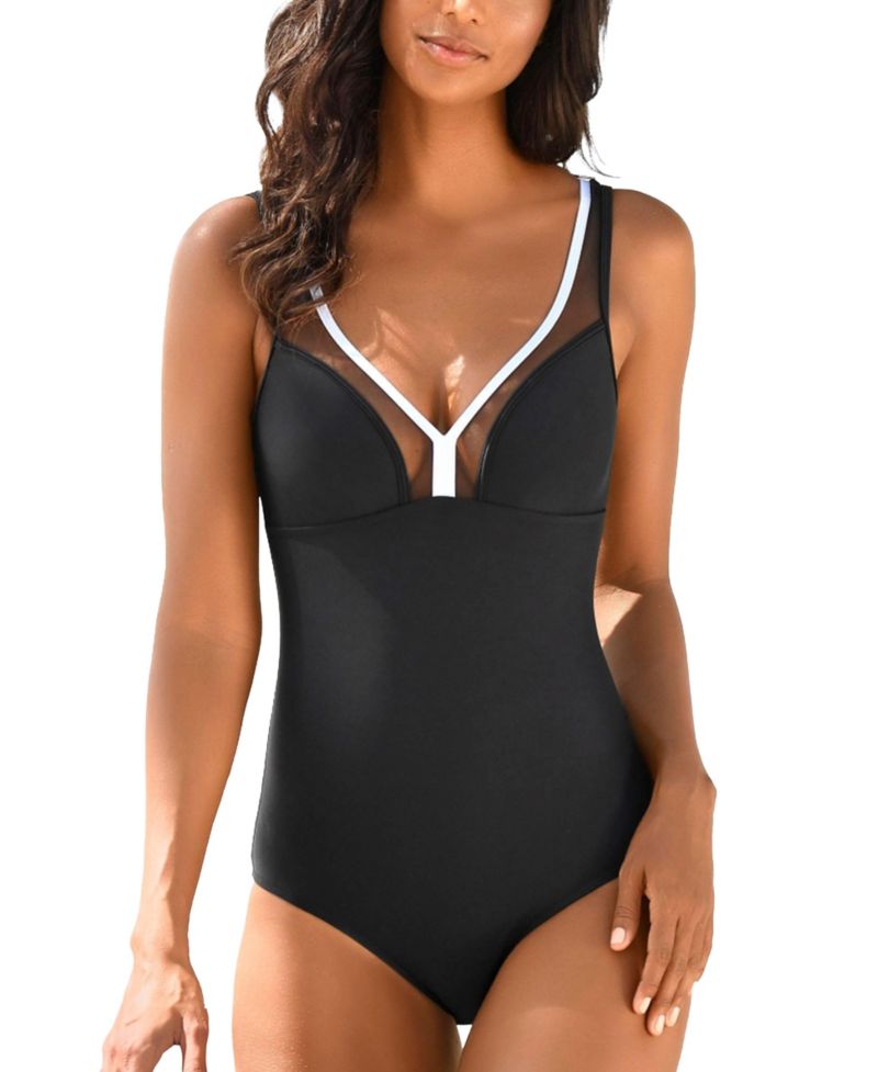 Women's Mesh Trim Tummy Control One-Piece Underwire One-Piece Swimsuit