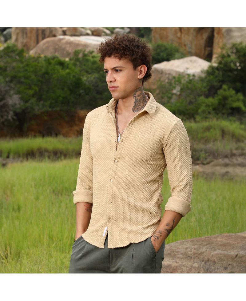Men's Tan Brown Micro Cubic-Textured Shirt