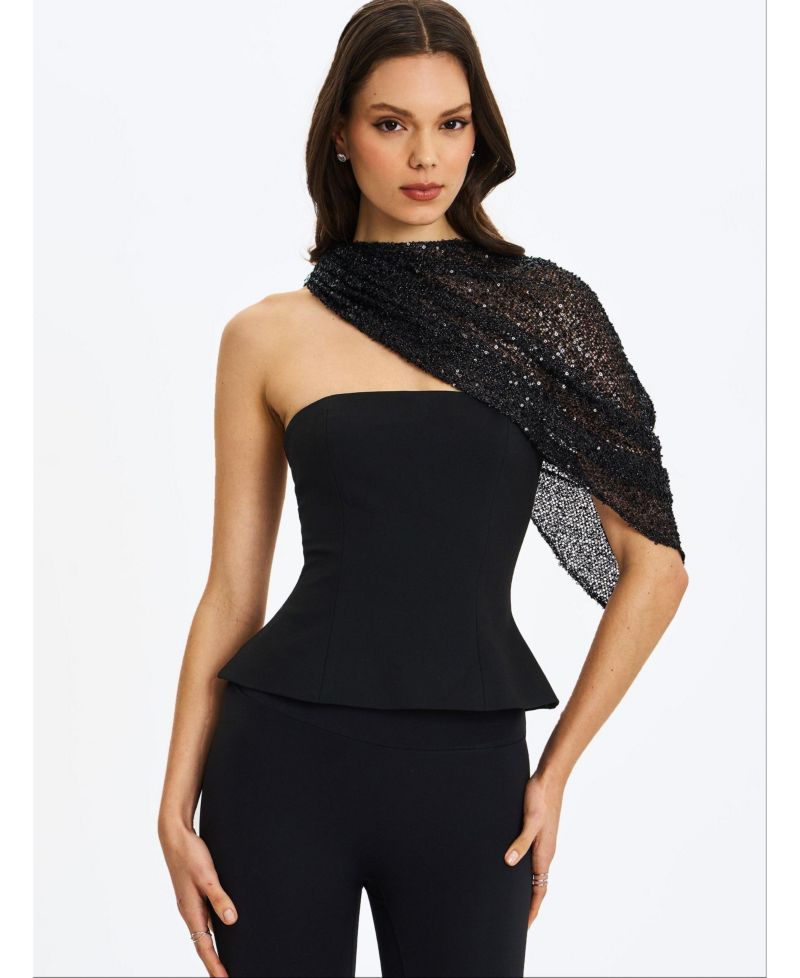 Women's Quinette Peplum Top with Beaded Asymmetrical Cape