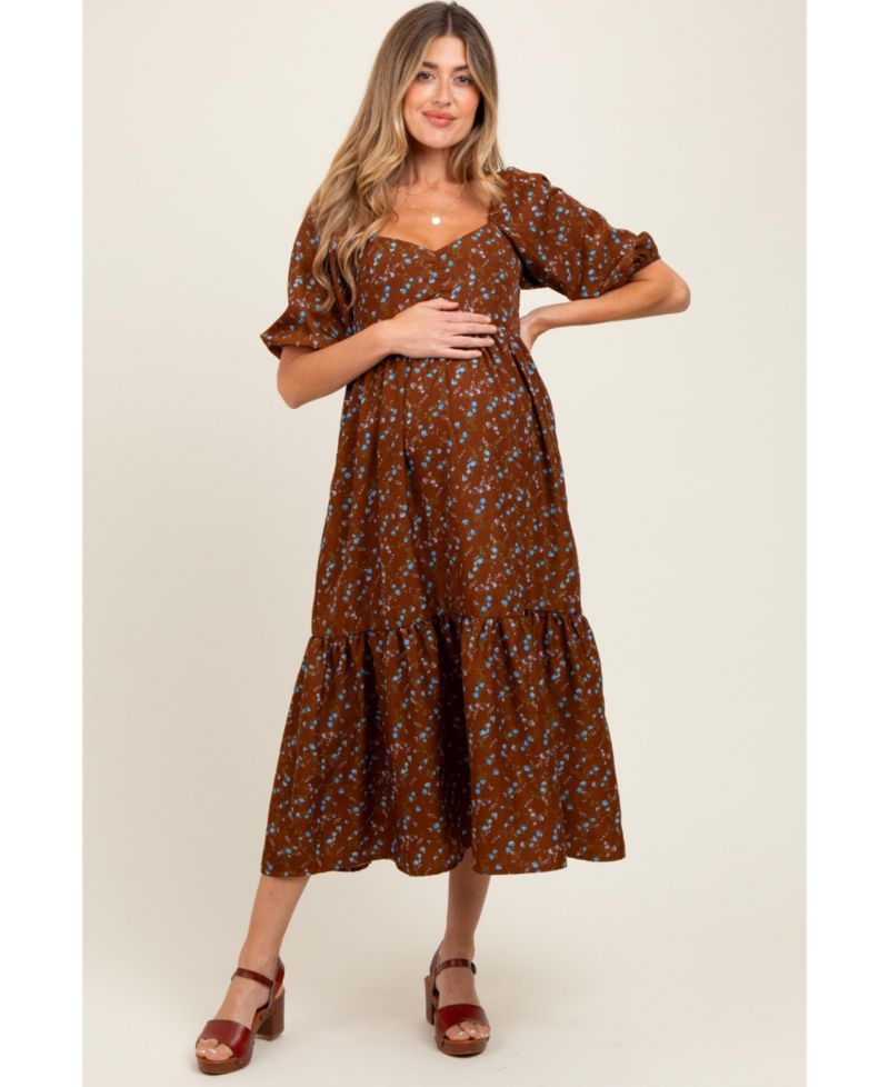 Maternity Mocha Floral Sweetheart Puff Sleeve Midi Dress